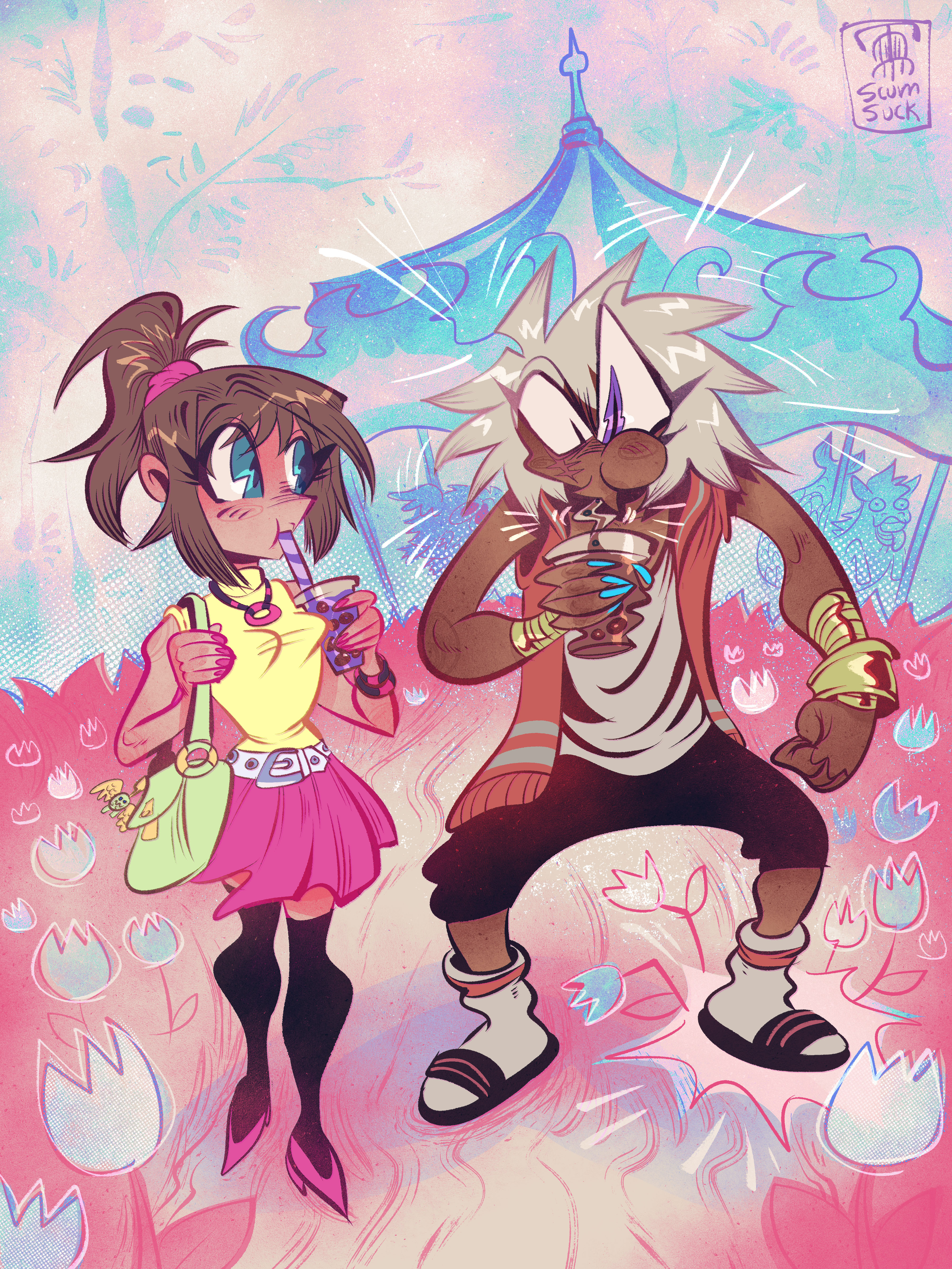Anzu Mazaki and Thief King Bakura drinking Boba in Bryant Partk. Bakura is choking on the boba.